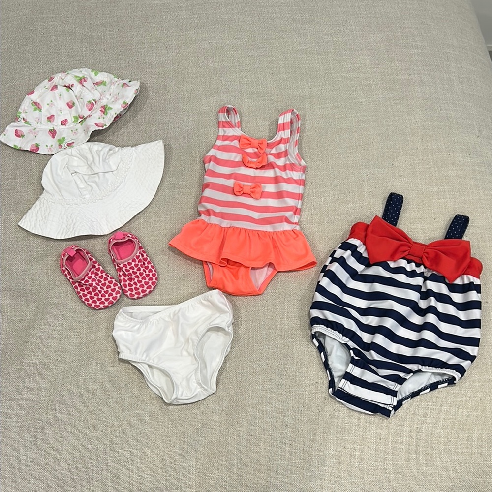Baby girl 6-12 months swimwear swimsuits hats water shoes bundle lot swim